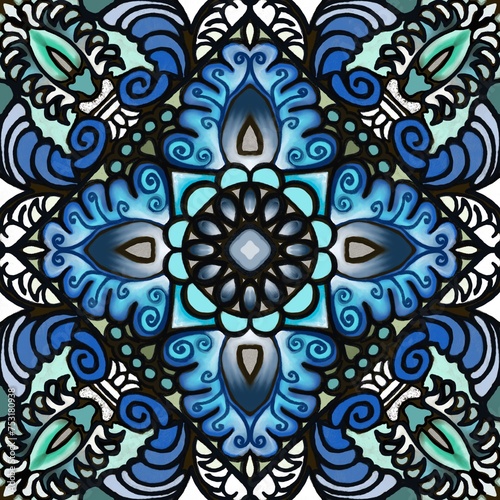 Abstract background with circlesand geometric shapes in blue shades resembling a kaleidoscope.  photo