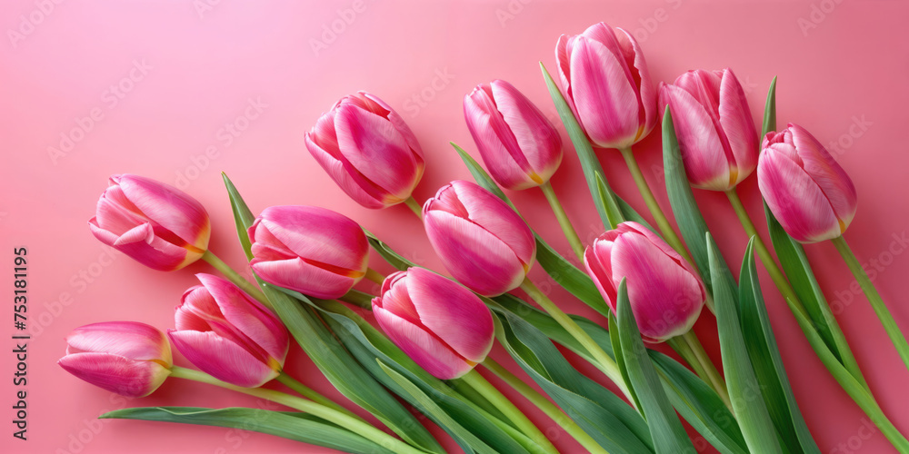 Vibrant Tulips on Pink Background - Fresh Cut Floral Elegance and Springtime Blossom Vibrant Tulips on Pink Background - Fresh Cut Floral Elegance and Springtime Blossom