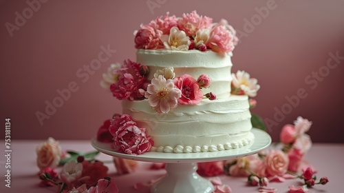 Elegant White Wedding Cake With Pink Flowers