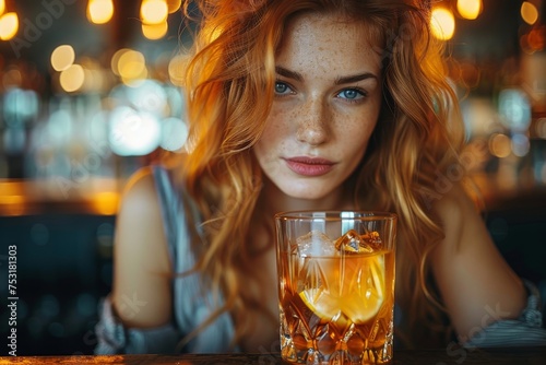 A young woman with vibrant red hair and freckles gazes into the camera holding a glass of whiskey in a dimly lit bar