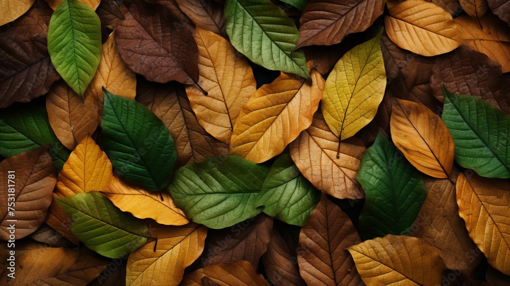 A green background with autumn leaves colors is perfect for seasonal use, offering a natural and vibrant backdrop.