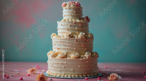 Wedding Cake With Pink Flowers on Table