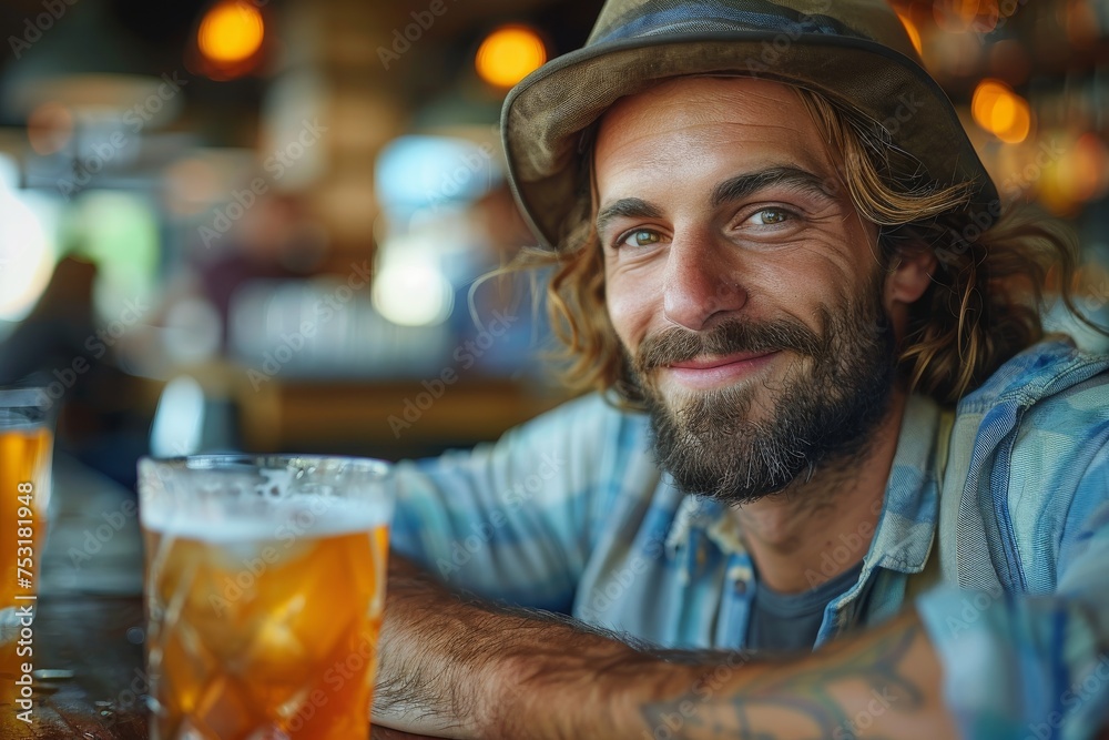 A cheerful, bearded man with a fedora hat holding a pint of beer in a cozy pub setting, looking at camera