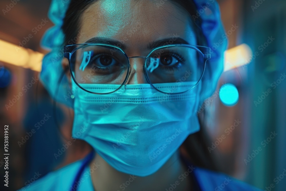 A woman wearing a surgical mask and glasses, protecting herself against potential airborne pathogens. She appears cautious and health-conscious, following safety guidelines A woman wearing a surgical mask and glasses, protecting herself against potential airborne pathogens. She appears cautious and health-conscious, following safety guidelines