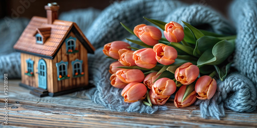 Orange Tulips and Cozy Miniature House - Warm Knitwear and Rustic Wood Surface for Snug Home Comfort