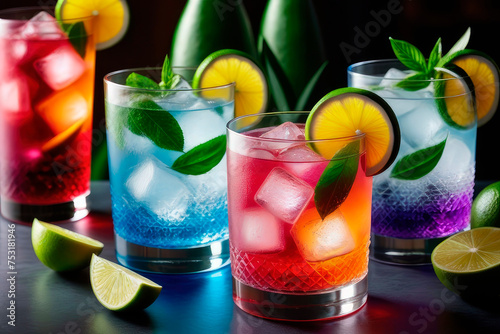 Summer Tropical drink colorful gin tonic cocktails in glasses on bar counter or restaurant.