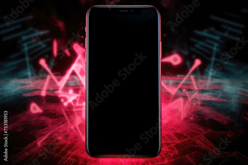 smartphone with a glowing red outline stands out against a chaotic digital backdrop, perfect for displaying futuristic design concepts