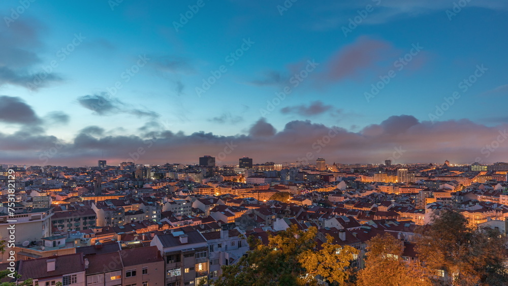 Fototapeta premium Panorama showing aerial view of downtown of Lisbon day to night transition timelapse, Portugal.
