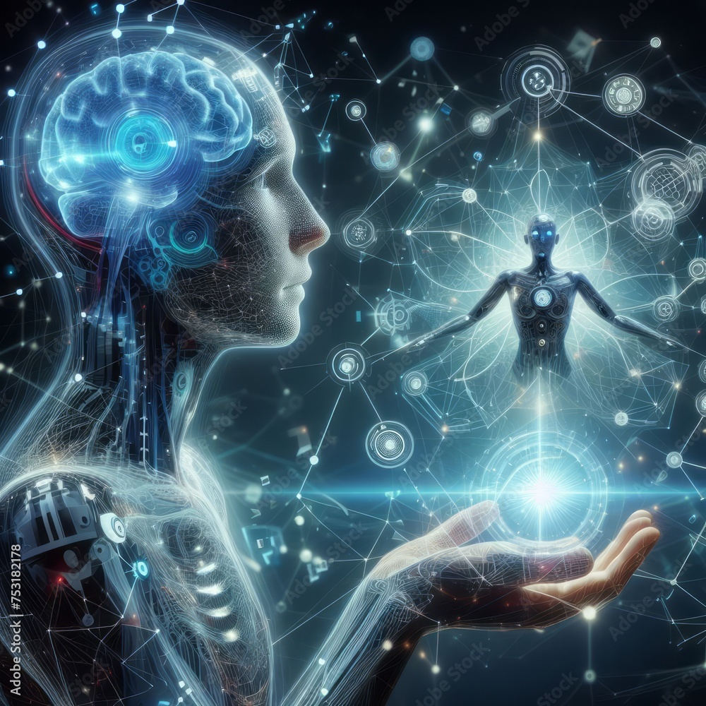 An image depicting a human hand, translucent and wired, cradling a glowing symbol of technological genesis. It captures the creation and control of technology by the human touch An image depicting a human hand, translucent and wired, cradling a glowing symbol of technological genesis. It captures the creation and control of technology by the human touch