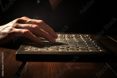 Blind woman read book written in Braille. Close up finger touch to braille Code Generative AI