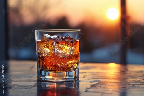 Image shows a whiskey glass with ice on a surface with the sunset creating a stunning backlight effect