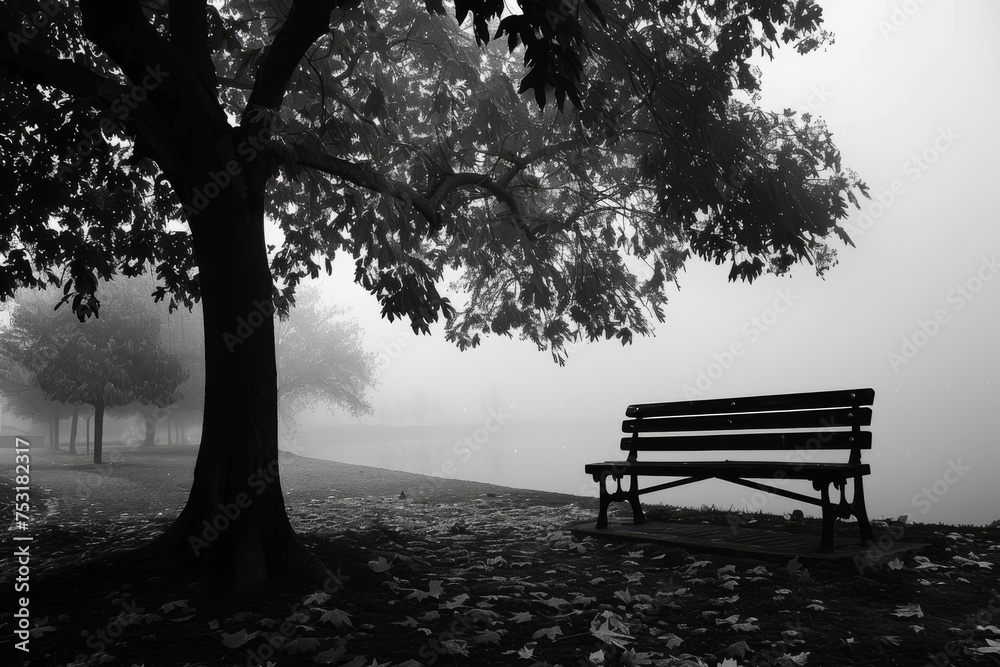 A Tranquil Autumn Scene with a Bench in a Foggy Park.