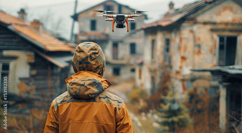 Man in Yellow Jacket Observes Small Plane Passing Overhead Man in Yellow Jacket Observes Small Plane Passing Overhead