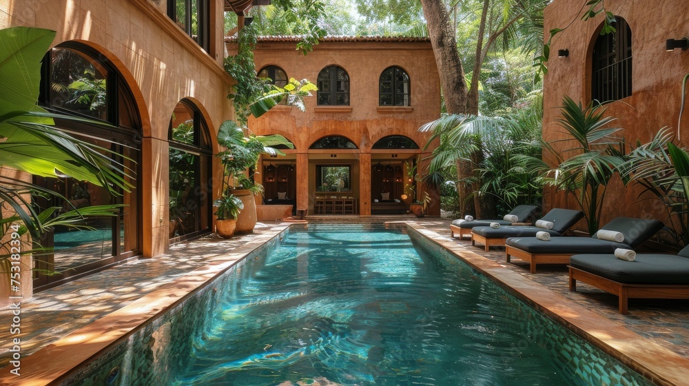 Pool Surrounded by Greenery in a Home