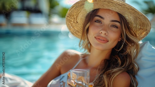Woman in White Bikini Sitting Next to Pool