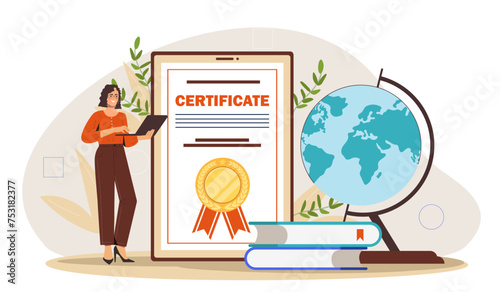 Online certification concept. Woman near certificate and document. Quality control. Distant education and learning, webcourses. Cartoon flat vector illustration isolated on white background