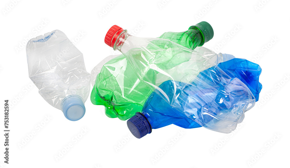 Used plastic bottles on white - obrazy, fototapety, plakaty 