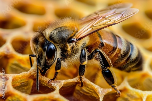 A Detailed Close-Up of a Worker Bee on a Honeycomb © Sandris