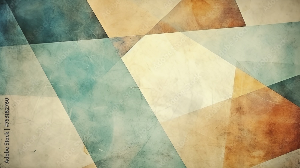 A grungy and grainy bleached abstract color background is composed of intersecting geometric figures, showcasing a vintage paper texture in a square shape.