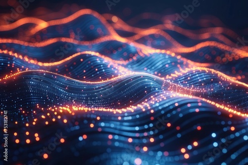 a futuristic cyber background with abstract digital particle waves and light effects in vibrant neon colors, symbolizing the dynamic and interconnected nature of modern technology