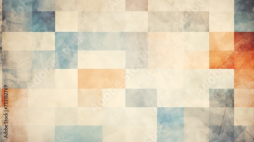 A grungy and grainy bleached abstract color background is composed of intersecting geometric figures, showcasing a vintage paper texture in a square shape. photo