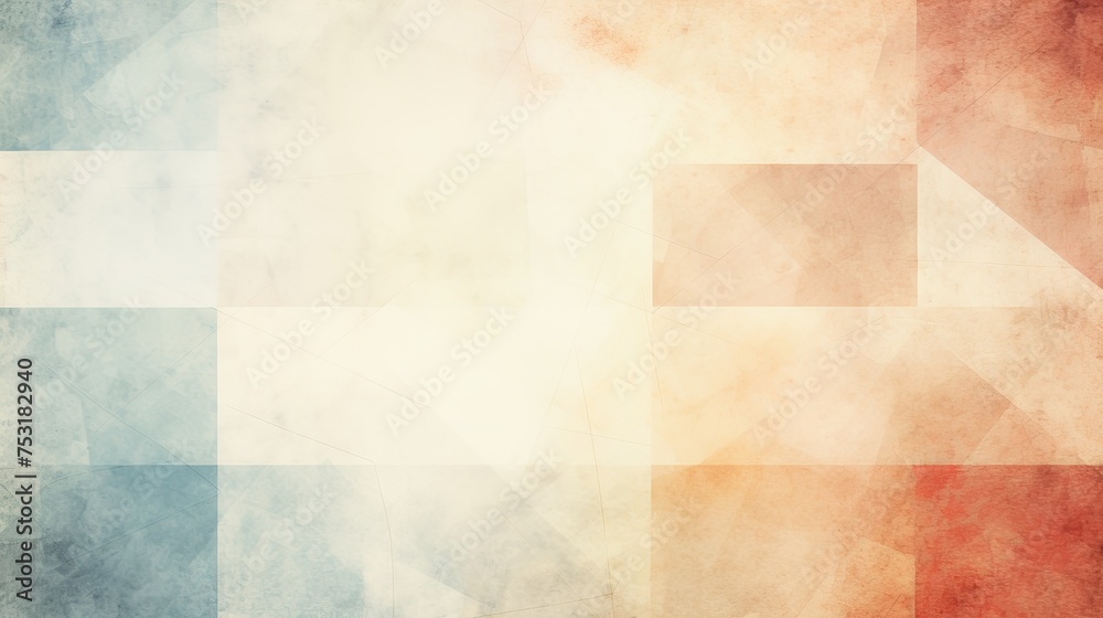 A grungy and grainy bleached abstract color background is composed of intersecting geometric figures, showcasing a vintage paper texture in a square shape.