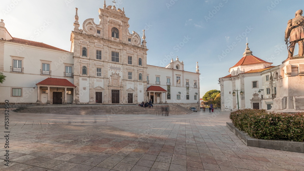 Panorama showing Sa da Bandeira Square with a view of the Santarem See Cathedral timelapse. Portugal