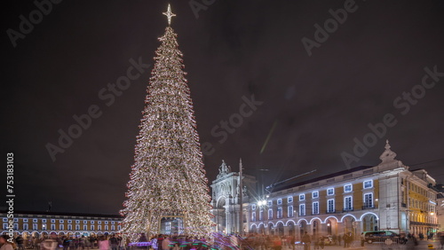 Panorama showing Commerce square illuminated and decorated at Christmas time in Lisbon night timelapse. Portugal photo