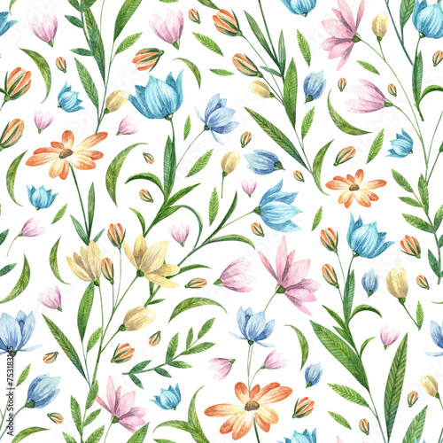Seamless pattern with delicate various flowers. Hand painted watercolor floral wallpapers for wrapping paper design  spring cards  textile