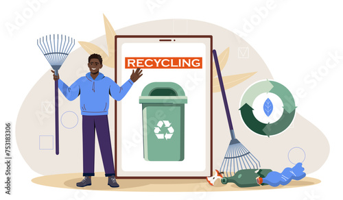 Man with recycling concept. Care about ecology and nature. Young guy with plastic bottles. Zero waste and sustainable lifestyle. Eco friendly activist and volunteer. Cartoon flat vector illustration