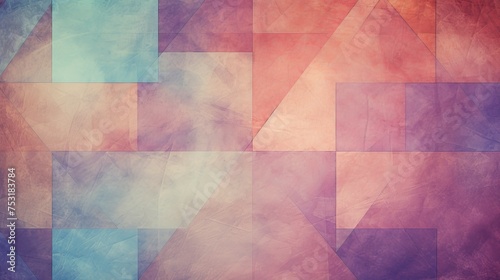 A grungy, grainy, and dusty vignetted abstract color background is composed of intersecting geometric figures and lines, featuring vintage paper texture in a square shape. © Tahir