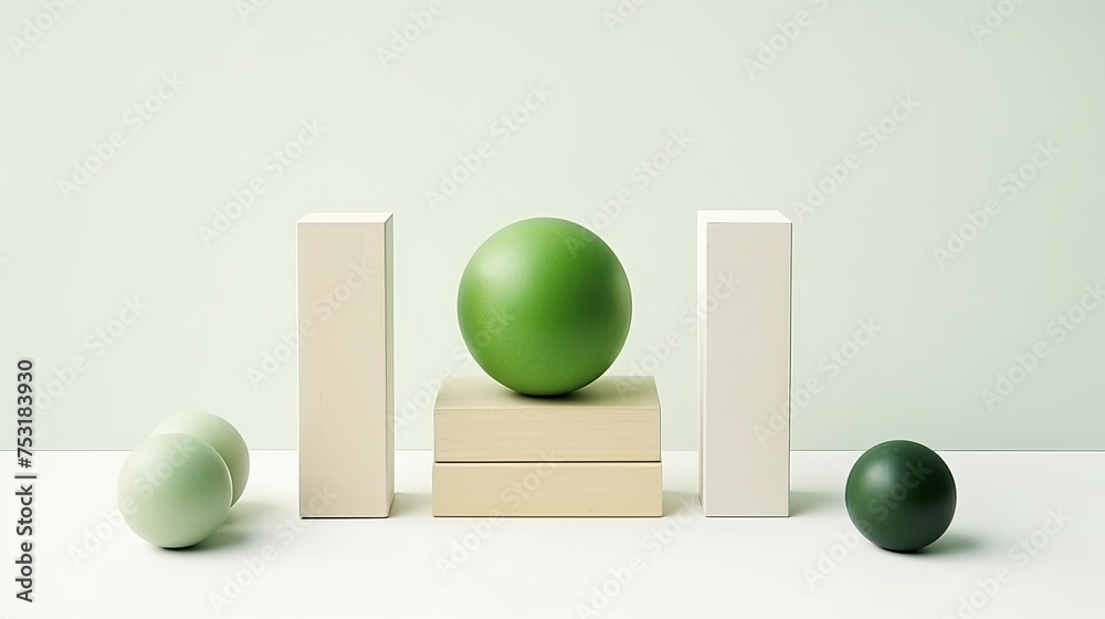 A high angle shot captures different geometric-shaped objects, including square half rings, spheres, and rectangular planks, balanced on the tip of a green pyramid against a white ground. A high angle shot captures different geometric-shaped objects, including square half rings, spheres, and rectangular planks, balanced on the tip of a green pyramid against a white ground.