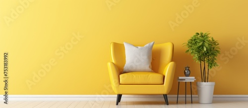 Interior wall mockup featuring an armchair against a blank yellow wall