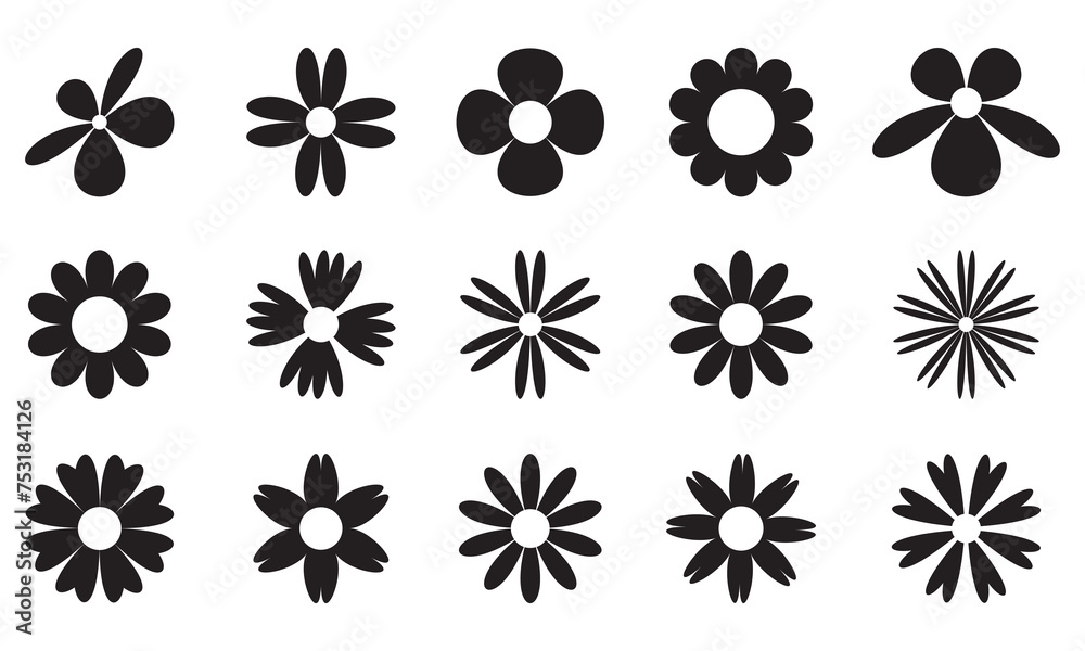 Obraz premium Flower icons vector set, black silhouette Flowers elements collection. Flower plant, floral icons collection Abstract flower icons, Flower simple icon vector illustration.