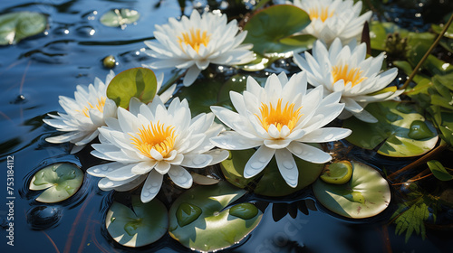 White water lilies in a pond with green leaves close-up