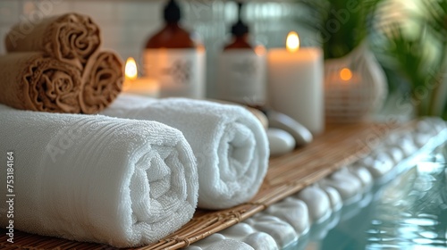 Serene Spa Atmosphere with Rolled Towels and Ambient Candles