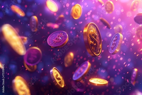 purple background with flying money and gold coins and dollar signs