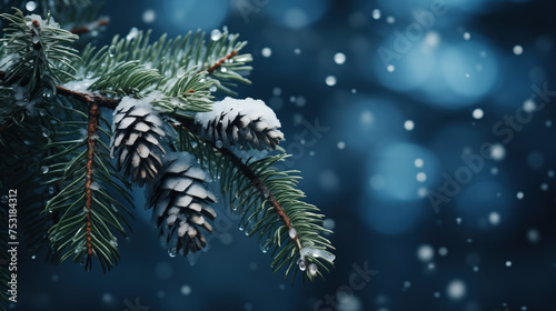 Coniferous tree with pine cones close-up space for text