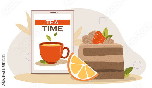 Tea time poster. Hot drink with slice of cake and lemon. Comfort and coziness indoor. Herbal leaves in tea cup. Poster or banner. Cartoon flat vector illustration isolated on white background
