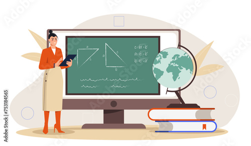 Teacher at workplace concept. Woman stands near chalkboard with math formulas. Education, learning and training. Lecture or lesson in school or university. Cartoon flat vector illustration