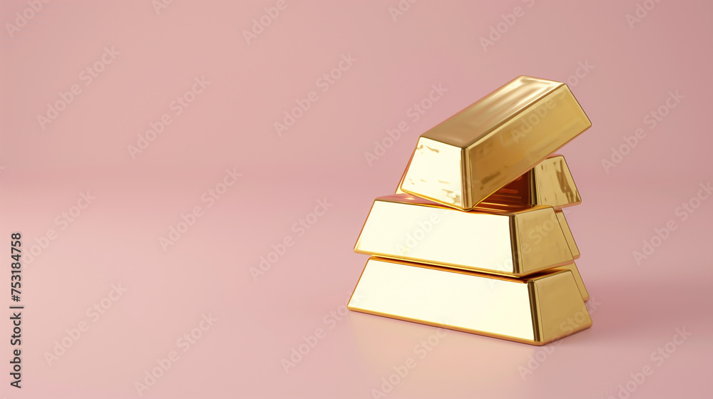 3d render of gold bars on pink background with space for text
