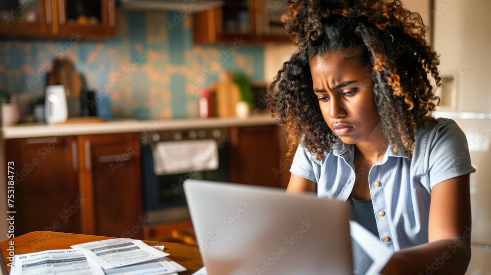 Stressed Young Woman looking at papers and bills with stressful face, Managing Finances with Laptop in Kitchen. Household budget, tax issue , late fees and penalties concept. - obrazy, fototapety, plakaty 