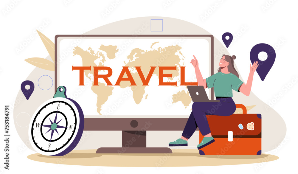 Travel expert concept. Young girl sitting near world map with compass. Holiday and vacation in tropical countries. Navigation and consultation for tourists. Cartoon flat vector illustration Travel expert concept. Young girl sitting near world map with compass. Holiday and vacation in tropical countries. Navigation and consultation for tourists. Cartoon flat vector illustration