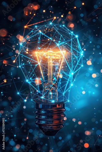 a light bulb with vibrant polygonal connections illuminating a dark blue background, symbolizing the intersection of technology and insight in achieving business success