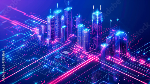 Isometric innovation futuristic Smart city, big data connection technology and secure wireless connection concept background