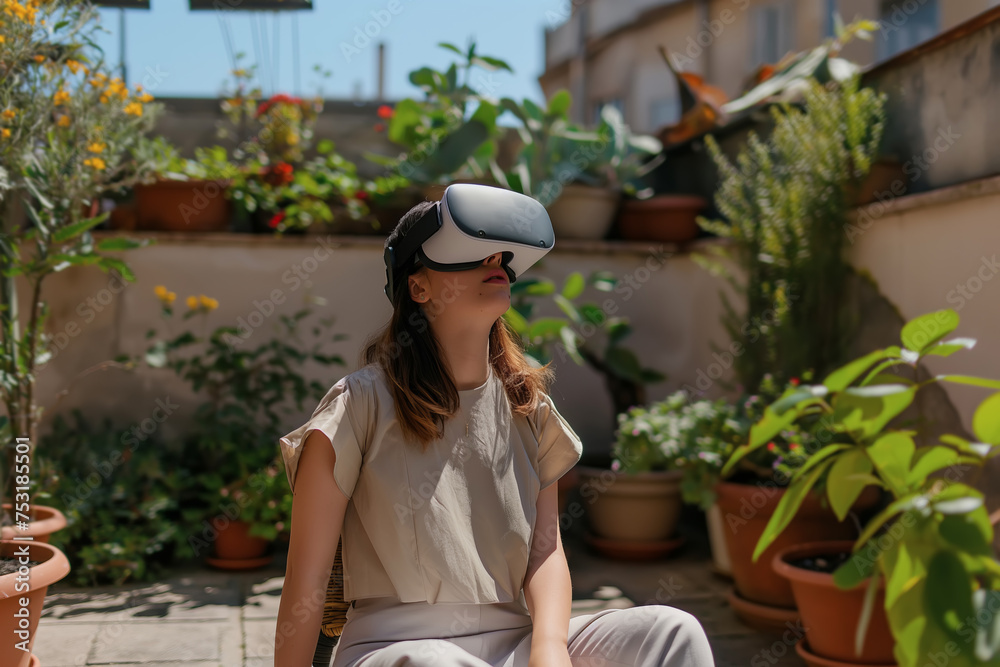 Fototapeta premium Relaxing in sunlit balcony, woman enjoys VR experience, blending thome comfort with cutting-edge technology