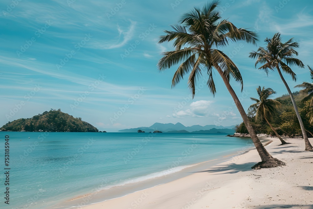 Crisp and Clear Turquoise Beach View with Palm Trees on Polished Sand, Embodying Serenity in Natural Scenery, AR 128:85, V 6.0