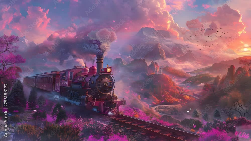 view of the train passing through a forest full of flower
