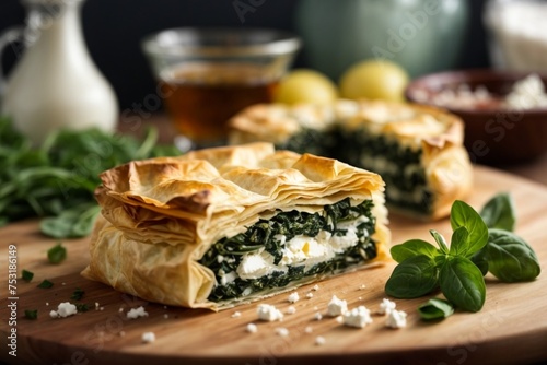 Spanakopita: Spinach and feta cheese wrapped in layers of phyllo pastry, creating a savory pie.

