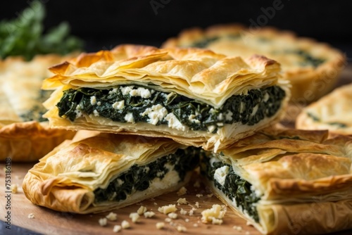 Spanakopita: Spinach and feta cheese wrapped in layers of phyllo pastry, creating a savory pie.

